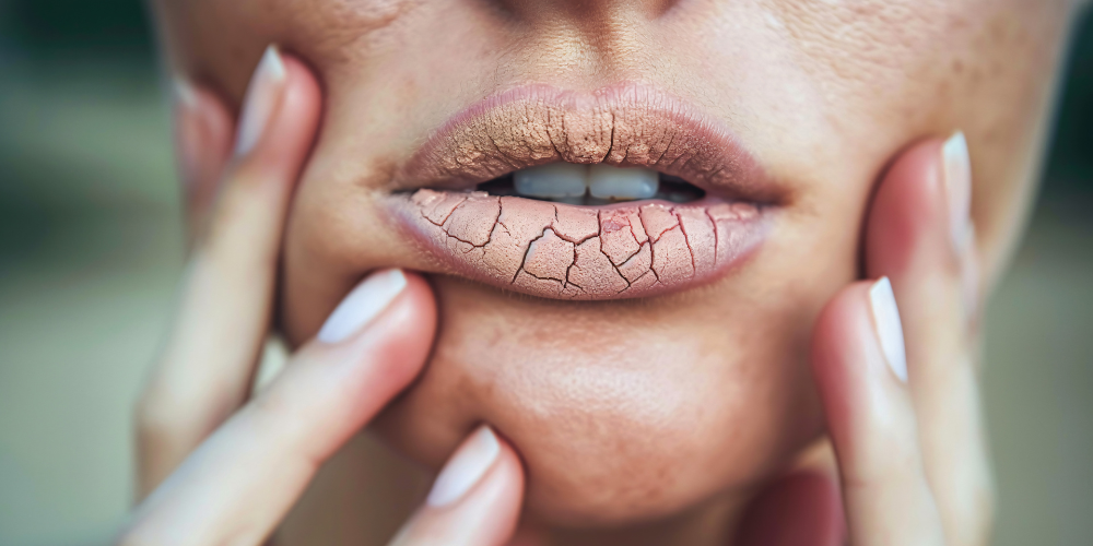 Woman with dry skin and chapped lips 