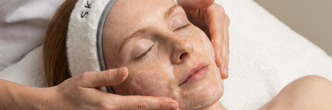Close up of model wearing Skinician headband getting a facial