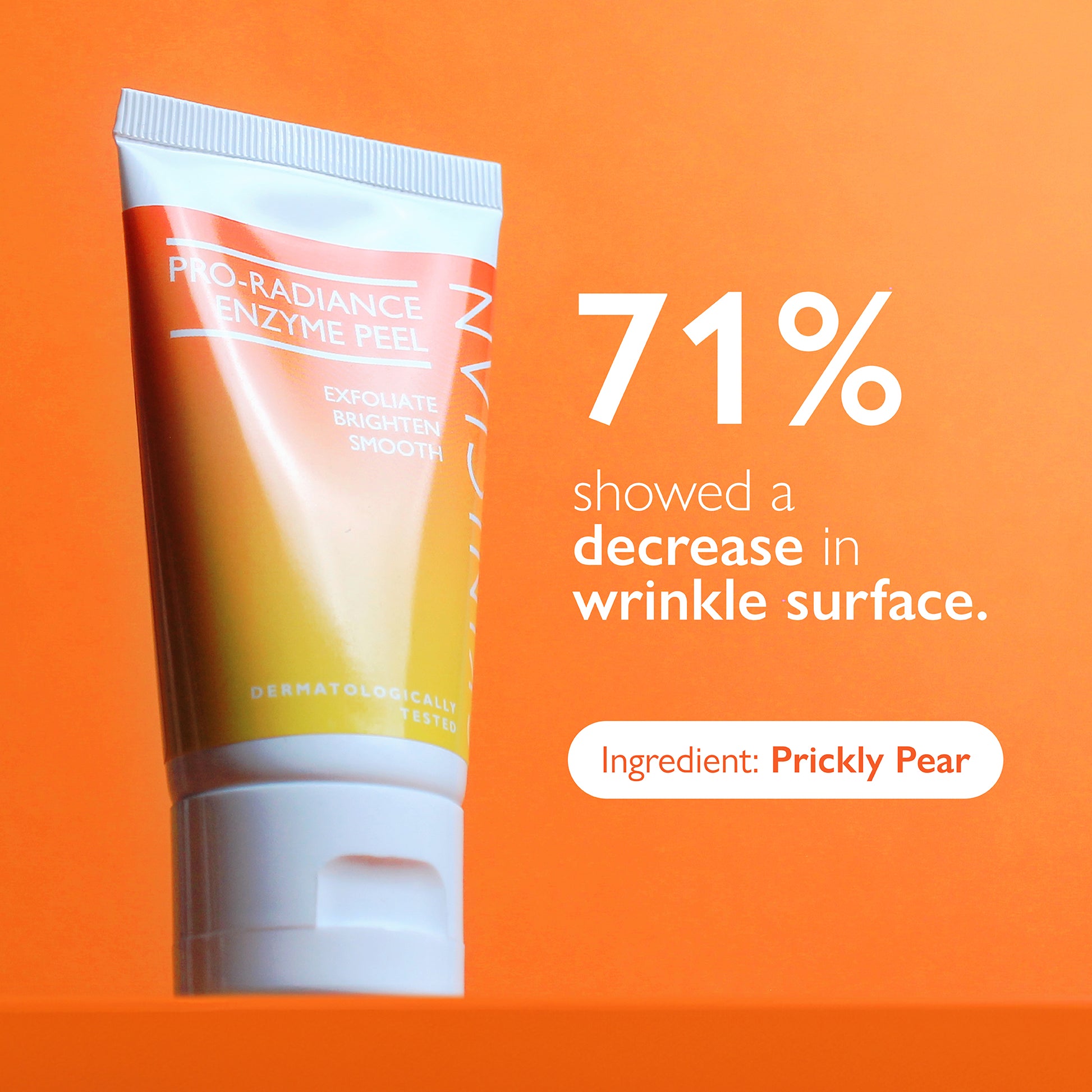 Image of Pro-Radiance Enzyme Peel tube with text "71% showed a decrease in wrinkle surface"