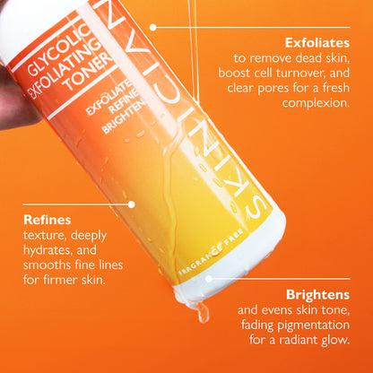 Image of Glycolic Exfoliating Toner on orange background with the following benefits listed: Exfoliates to remove dead skin and boost cell turnover. Refines texture, deeply hydrates and smooths lines. Brightens and evens skin tone for a radiant glow.