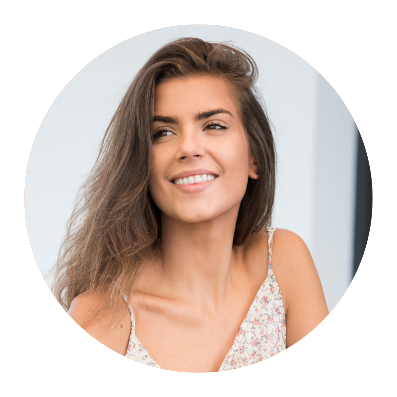 Round image of young woman with brunette hair