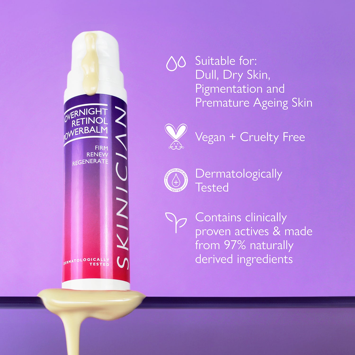 Skinician Overnight Retinol Powerbalm on a purple background, featuring text about product benefits.