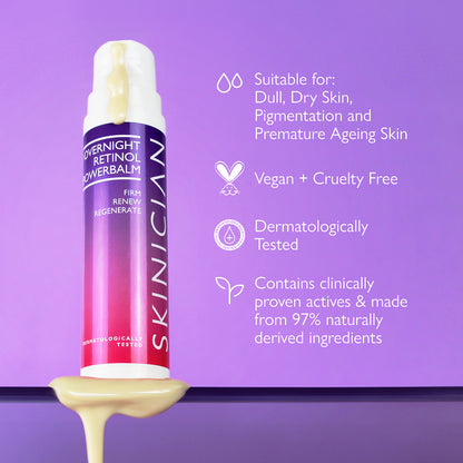 Skinician Overnight Retinol Powerbalm on a purple background, featuring text about product benefits.