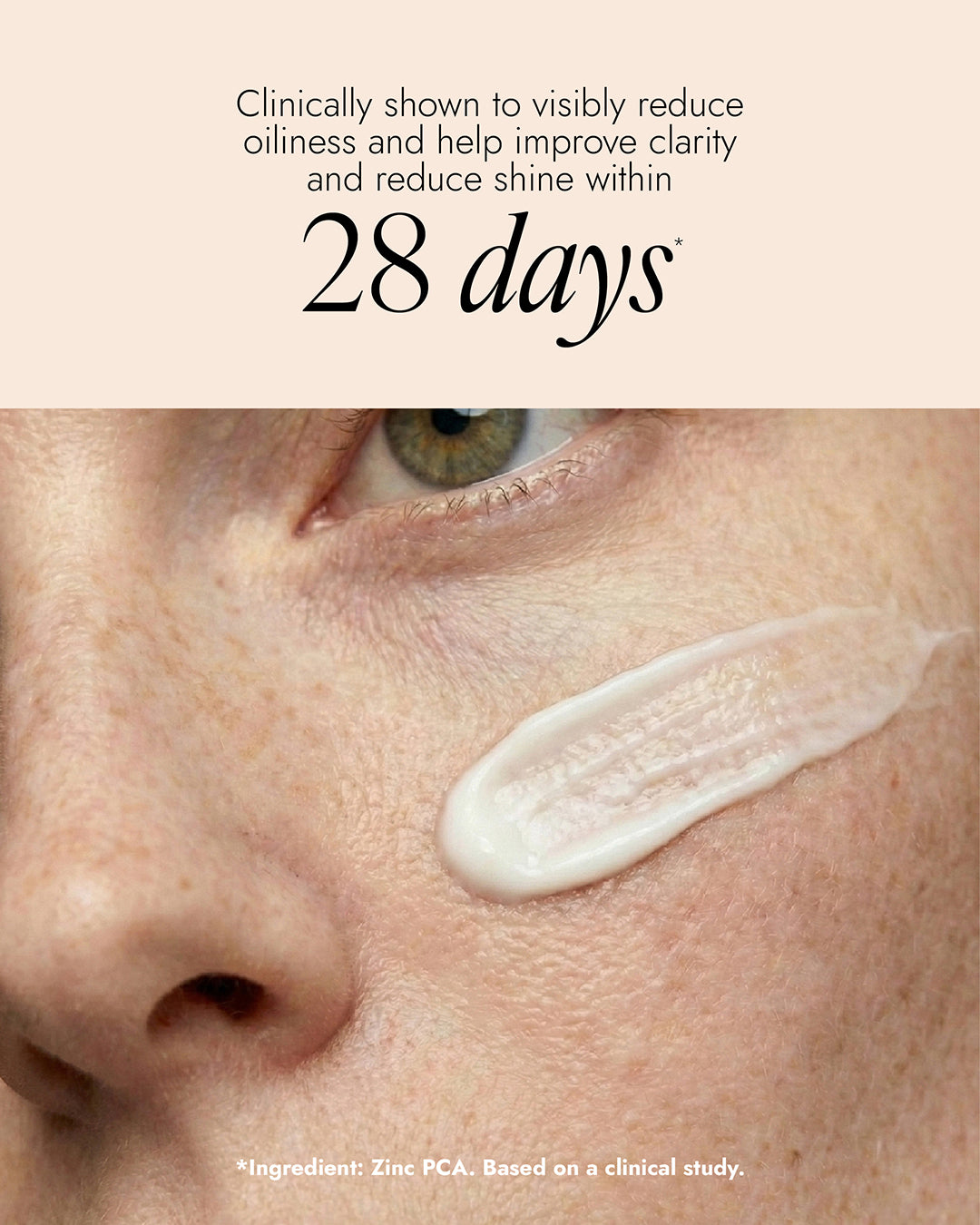 Close-up of a person's face with a skincare product applied, text about clinical benefits.