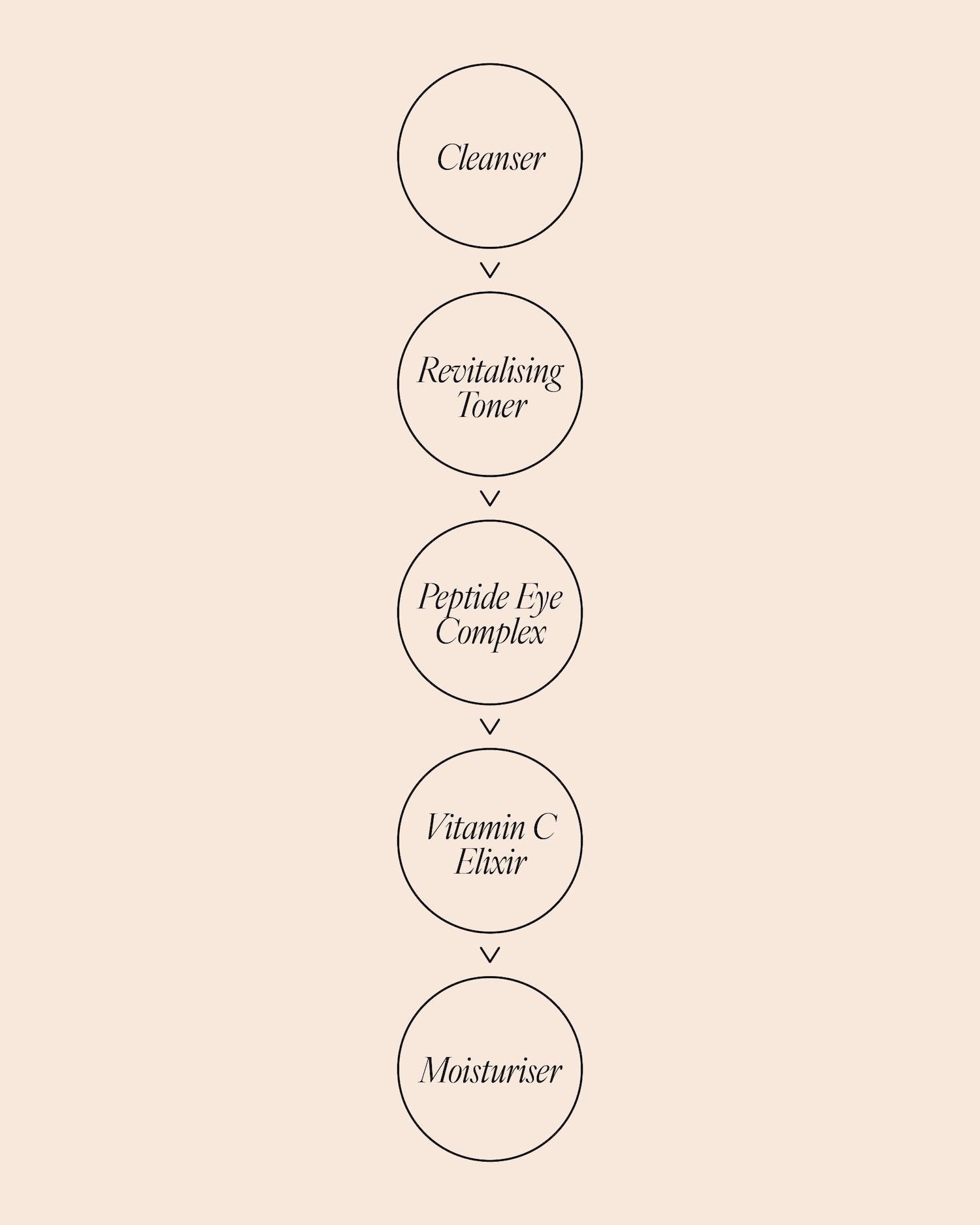 Morning skincare routine diagram showing steps in order: Cleanser, Revitalising Toner, Peptide Eye Complex, Vitamin C Elixir, then Moisturiser.