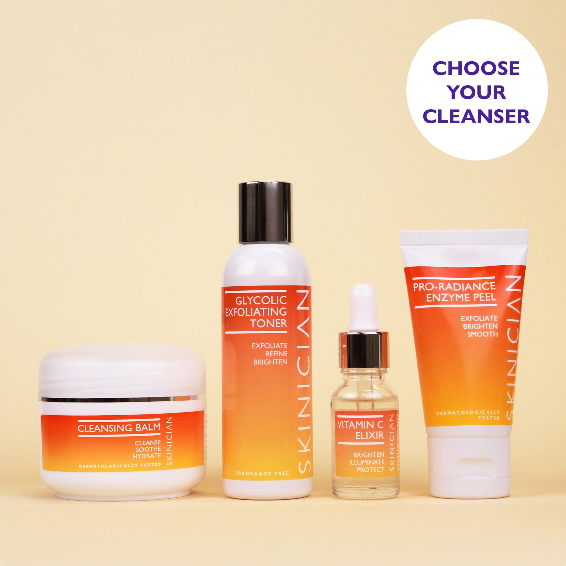 Image of Skinician Cleansing Balm, Glycolic Exfoliating Toner, Vitamin C Elixir and Pro-Radiance Enzyme Peel on a cream background. The image features the text "choose your cleanser"