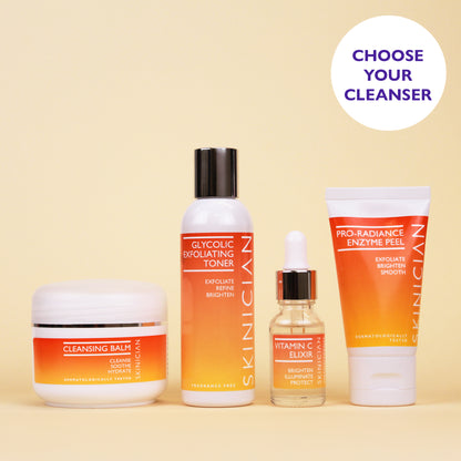 Image of Skinician Cleansing Balm, Glycolic Exfoliating Toner, Vitamin C Elixir and Pro-Radiance Enzyme Peel on a cream background. The image features the text "choose your cleanser"