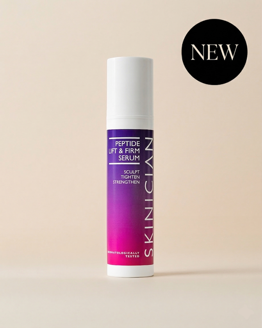 Image of Skinician Peptide Lift and Firm Serum bottle on a beige background and featuring a black circle containing the word "new".