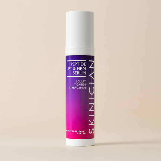 Image of Skinician Peptide Lift and Firm Serum bottle on a beige background