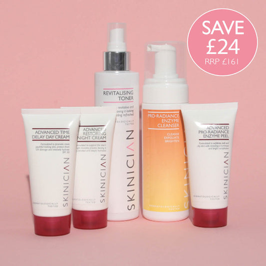 Skinicians 5 step anti-ageing kit with each individual item pictured. The anti-ageing products are on a pink background.