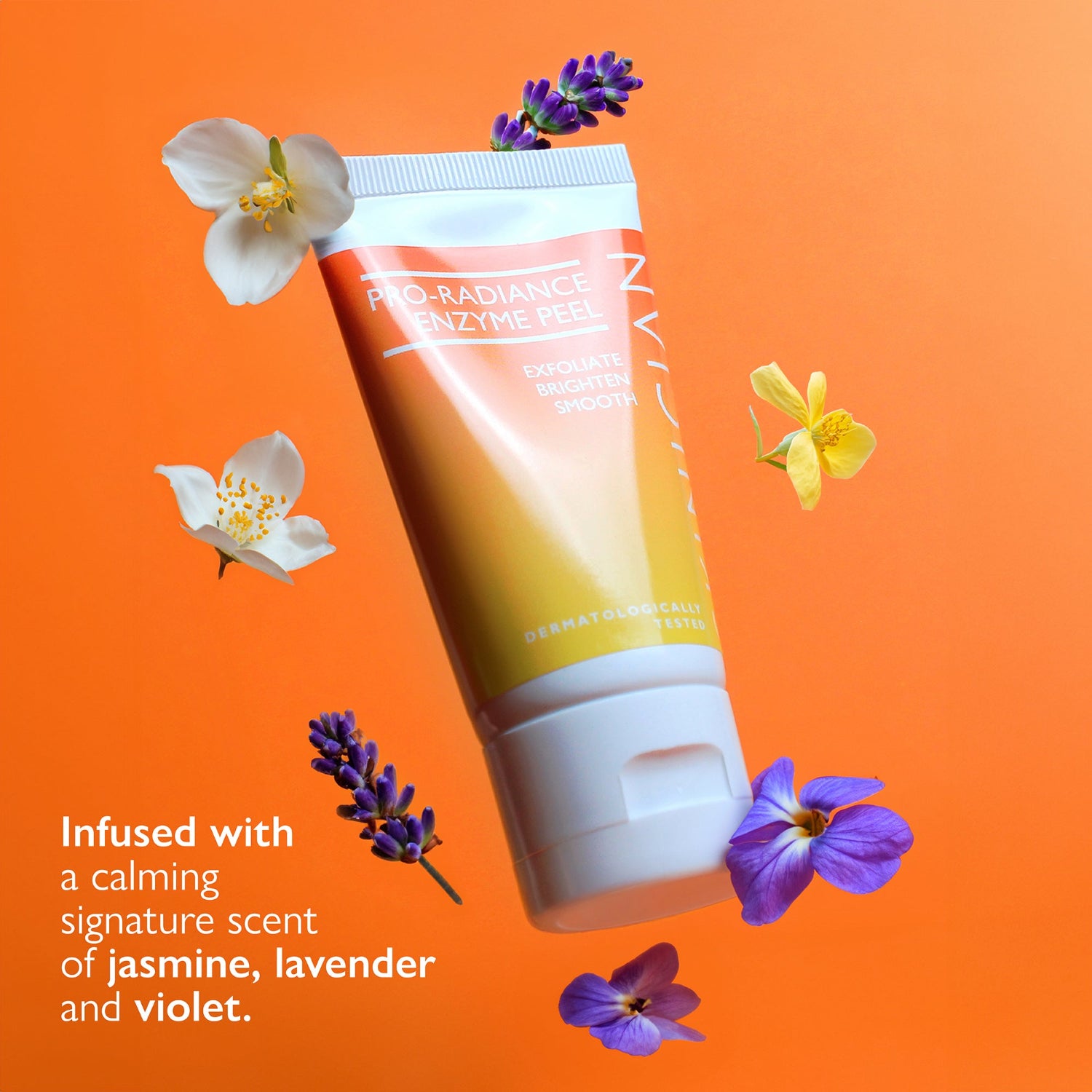 Image of Enzyme Peel on orange background with flowers surrounding it. Text says "infused with a calming signature scent of jasmine, lavender and violet"
