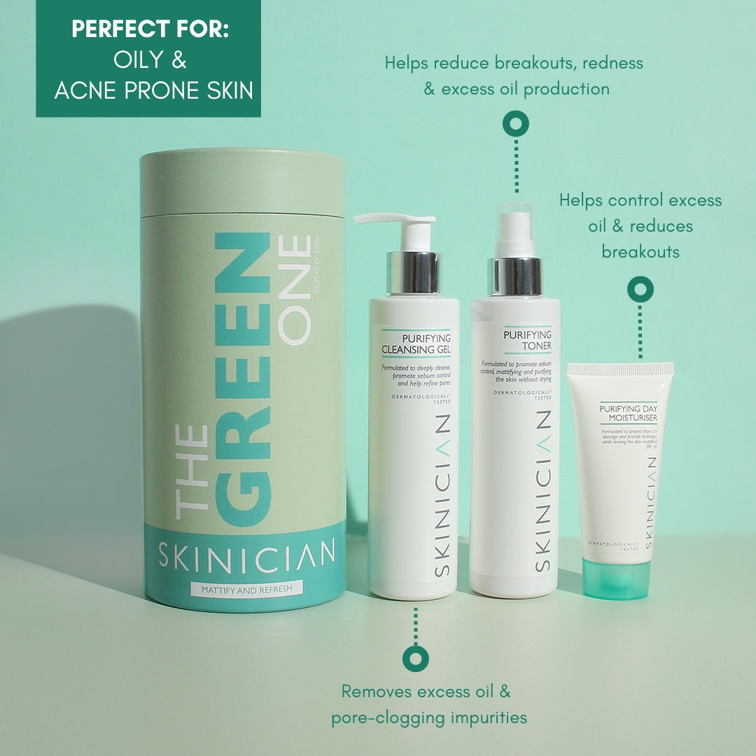 Image showing SKINICIAN Green One Gift Set box with products inside next to it and their skin benefits