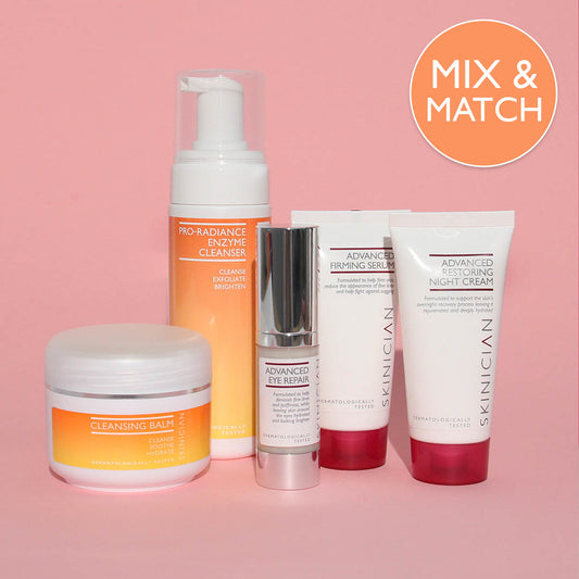 An image showing a mix and match PM skincare kit. 5 step starter set for night time routine.