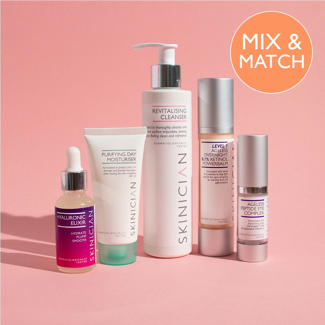 Skincare bundle displayed with 5 products that you have the choice of buying. Save 36% on this skincare starter pack.