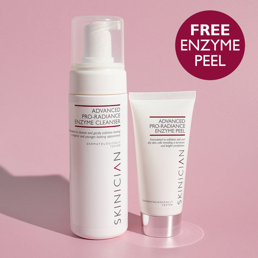 Image of Pro-Radiance Enzyme Cleanser and Pro-Radiance Enzyme Peel on pink background