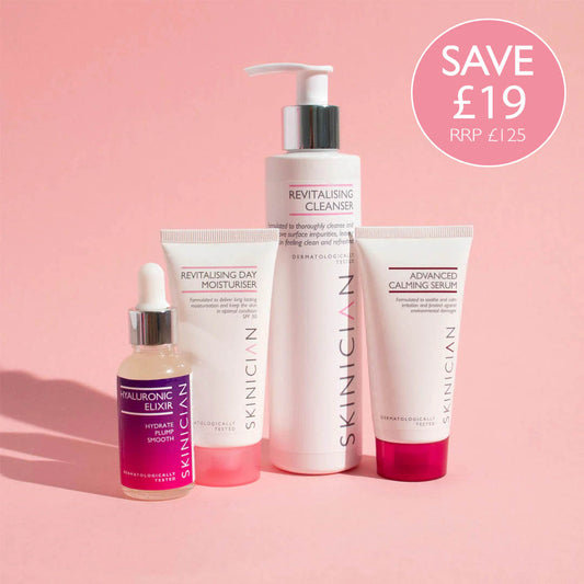 Image of the products included in the Sensitive skin bundle. Including Revitalising Cleanser, Hyaluronic Elixir, Calming Serum and Revitalising Day Moisturiser with SPF 30.