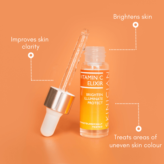 An annotated image of the Vitamin C Elixir. The annotations say 'treats areas of uneven skin colour' 'brightens skin' and 'improves skin clarity'.