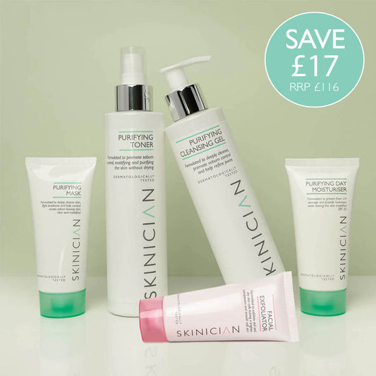 A Skinician skincare gift set for oily skin. Products displayed together and includes, Purifying cleansing gel, purifying toner, purifying mask, facial exfoliator and purifying day moisturiser with spf