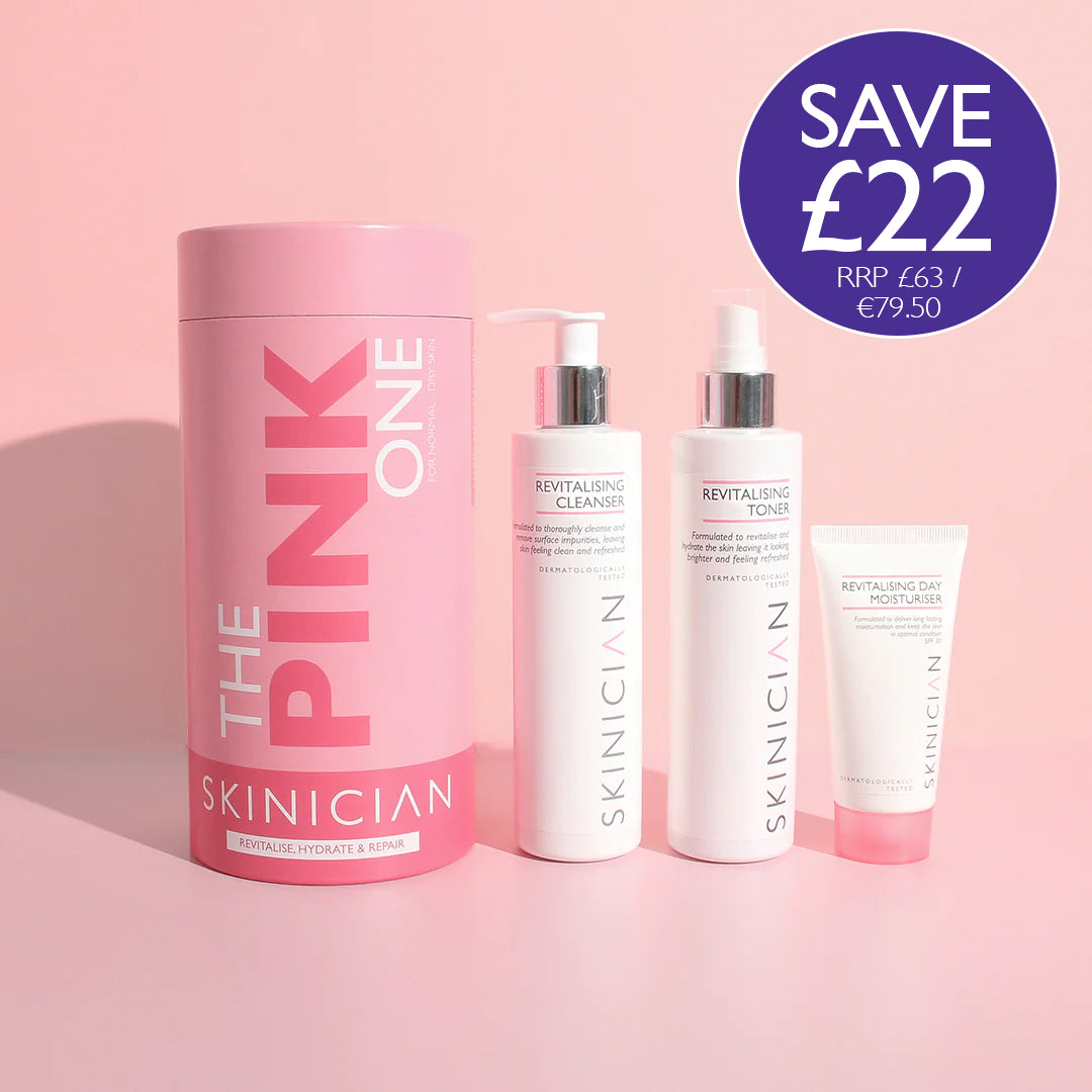 The pink one gift set with contents displayed beside. Revitalising Cleanser, Revitalising Toner and Revitalising Moisturiser SPF30. Save £22 badge included.