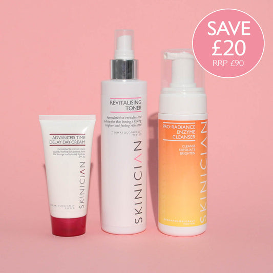 Image of 3 Skinician products contained within the Anti-ageing bundle. Advanced Day Cream SPF30, Enzyme Cleanser and Revitalising Toner.