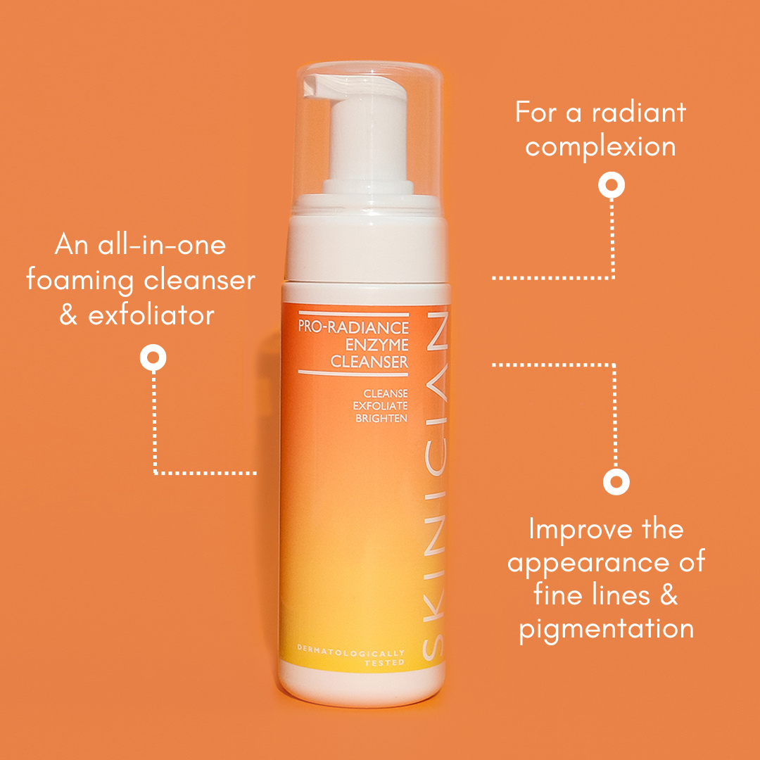 Image of SKINICIAN Pro-Radiance Enzyme Cleanser on orange background with key benefits listed