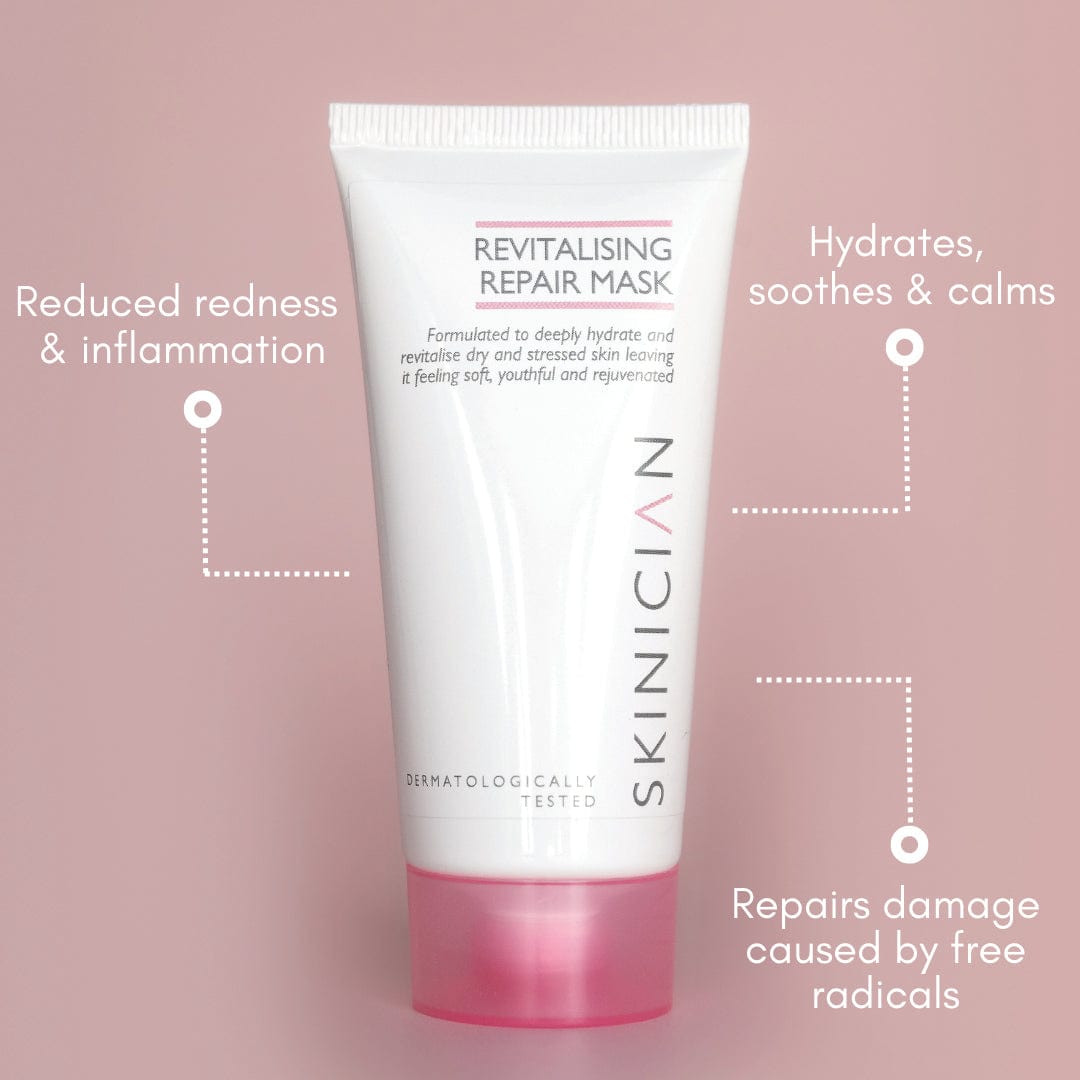 Revitalising repair face mask annotated image.  The annotations say 'Reduced redness & inflammation', 'Hydrates, soothes & calms' and 'Repairs damage caused by free radiacals'.