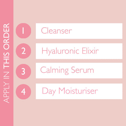 Graphic showing the correct order to apply products inside the Sensitive Skin Bundle. Products should be applied in following order: Cleanser, Hyaluronic Elixir, Calming Serum, Day Moisturiser