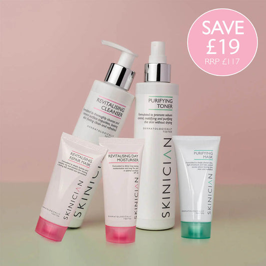 5 step skincare kit to treat combination skin types. Included a selection of Skinician products - Revitalising Cleanser, Purifying Toner, Revitalising Repair Mask, Purifying Mask and Revitalising Moisturser with SPF30.