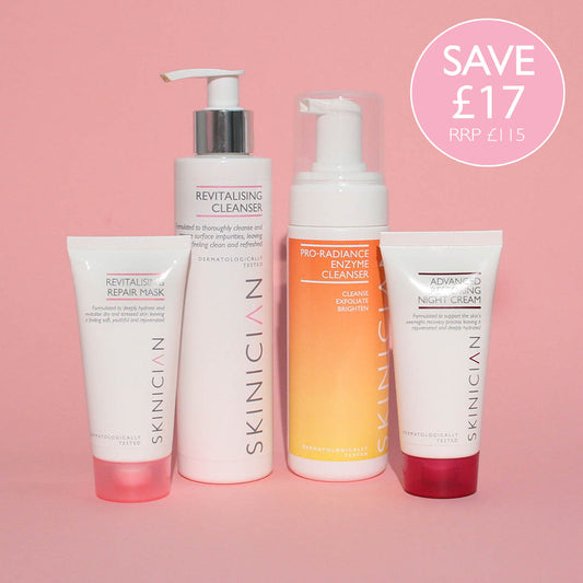 An image of Skinician 4 step dry skin starter kit. Includes Revitalising Cleanser, Pro Radiance Enzyme Cleanser, Revitalising Mask and Restoring Night Cream