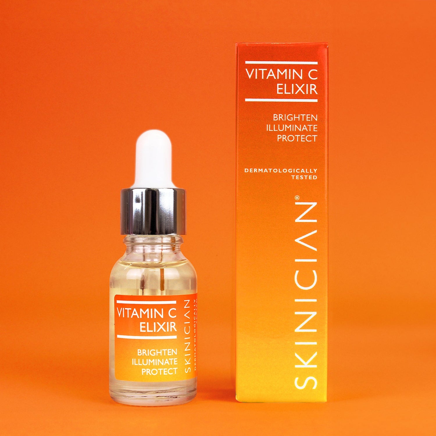 Image of SKINICIAN Vitamin C Elixir bottle and outer box on an orange background