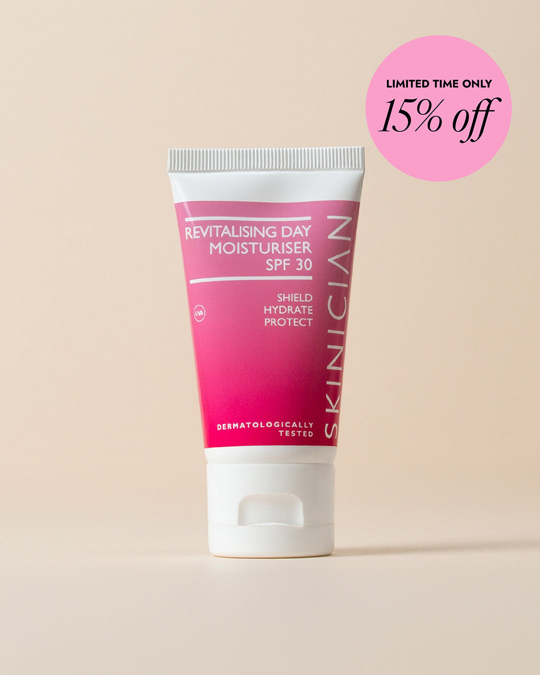 Skinician Revitalising Day Moisturiser on beige background, featuring a 15% discount offer.