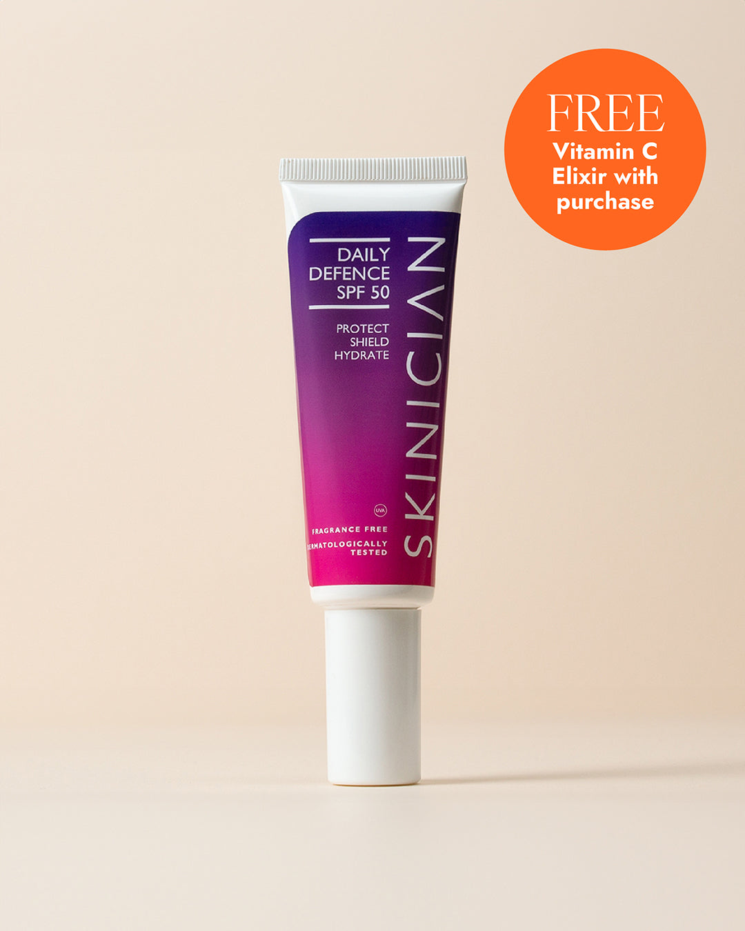 Image of Daily Defence SPF 50 on beige background with text "free vitamin C Elixir with purchase"