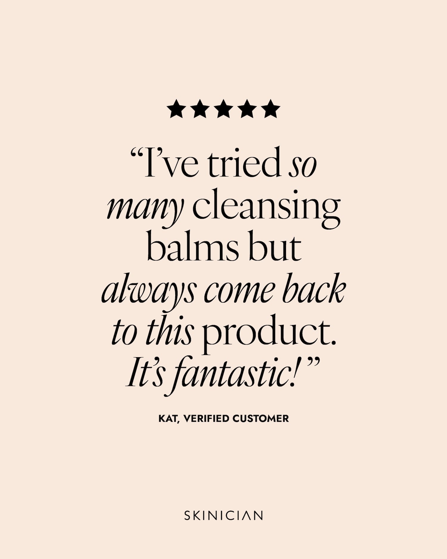 Product review with five stars and a quote from a verified customer on a beige background. Review reads 
