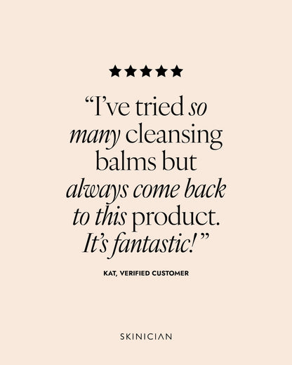 Product review with five stars and a quote from a verified customer on a beige background. Review reads "I've tried so many cleansing balms but always come back to this product. Its fantastic!"