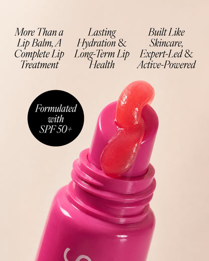 A close-up of a bright pink lip balm tube with a glossy pink balm smear above the applicator, set against a pale beige background with promotional text and a black circle reading 'Formulated with SPF 50+'.