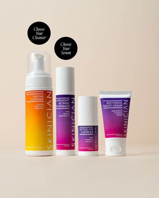 Skinician night skincare routine products on a beige background, left to right: Pro-Radiance Enzyme Cleanser, Overnight Retinol Powerbalm (serum), Peptide Eye Complex, and Restoring Night Cream, with prompts to choose your cleanser and serum.