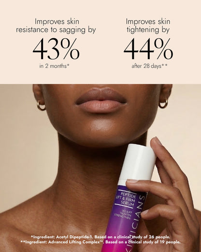 Image of woman holding Peptide Lift & Firm Serum and featuring the following product stats "Improves skin resistance to sagging by 43% in 2 months. Improves skin tightening by 44% after 28 days."