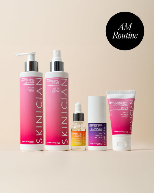Image of skinician best sellers that are in the morning routine starter kit. Image features a circle with text "AM routine"