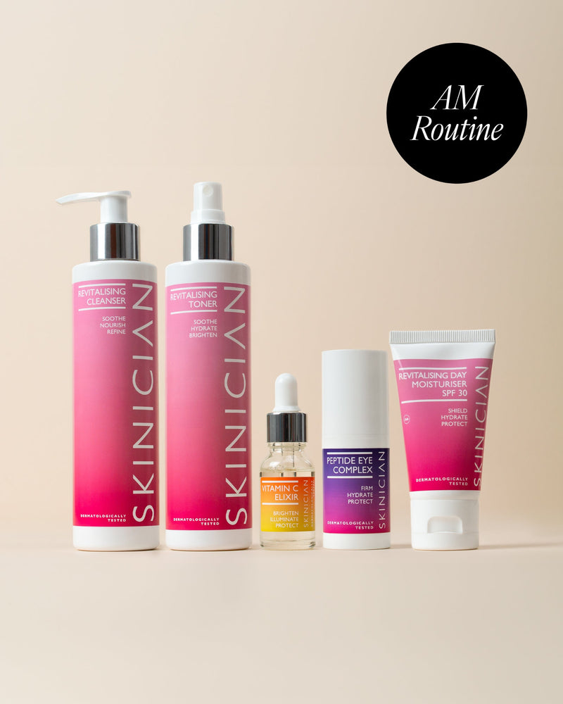 Image of skinician best sellers that are in the morning routine starter kit. Image features a circle with text "AM routine"