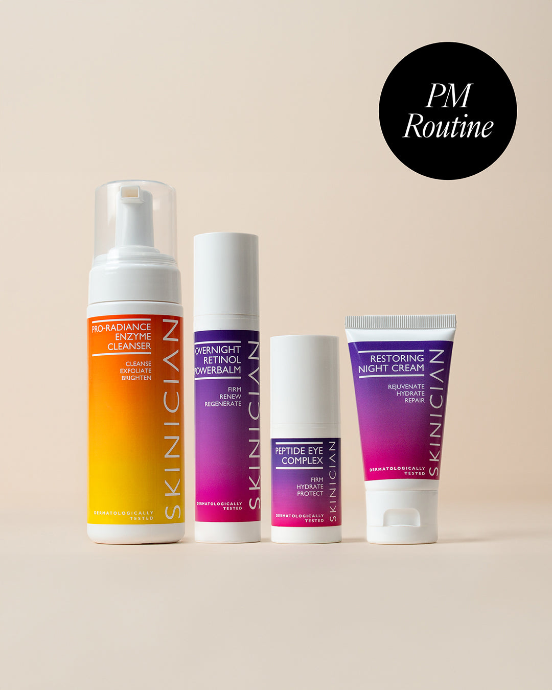 An image showing a mix and match PM skincare kit. It features a circle with the text "PM routine"