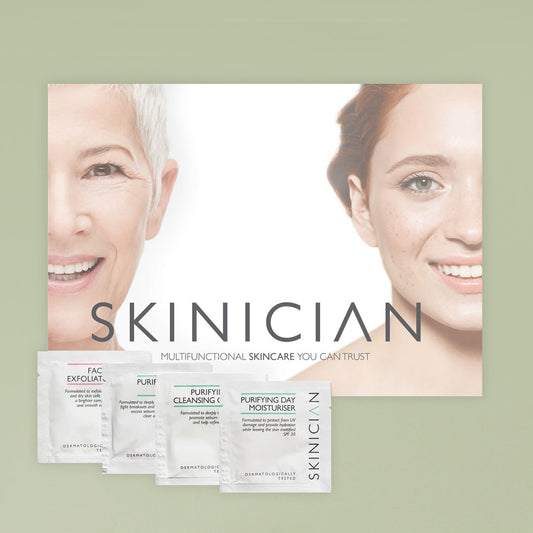 Skinician sachet sample pack displayed with a product brochure, for oily, acne or breakout prone skin.