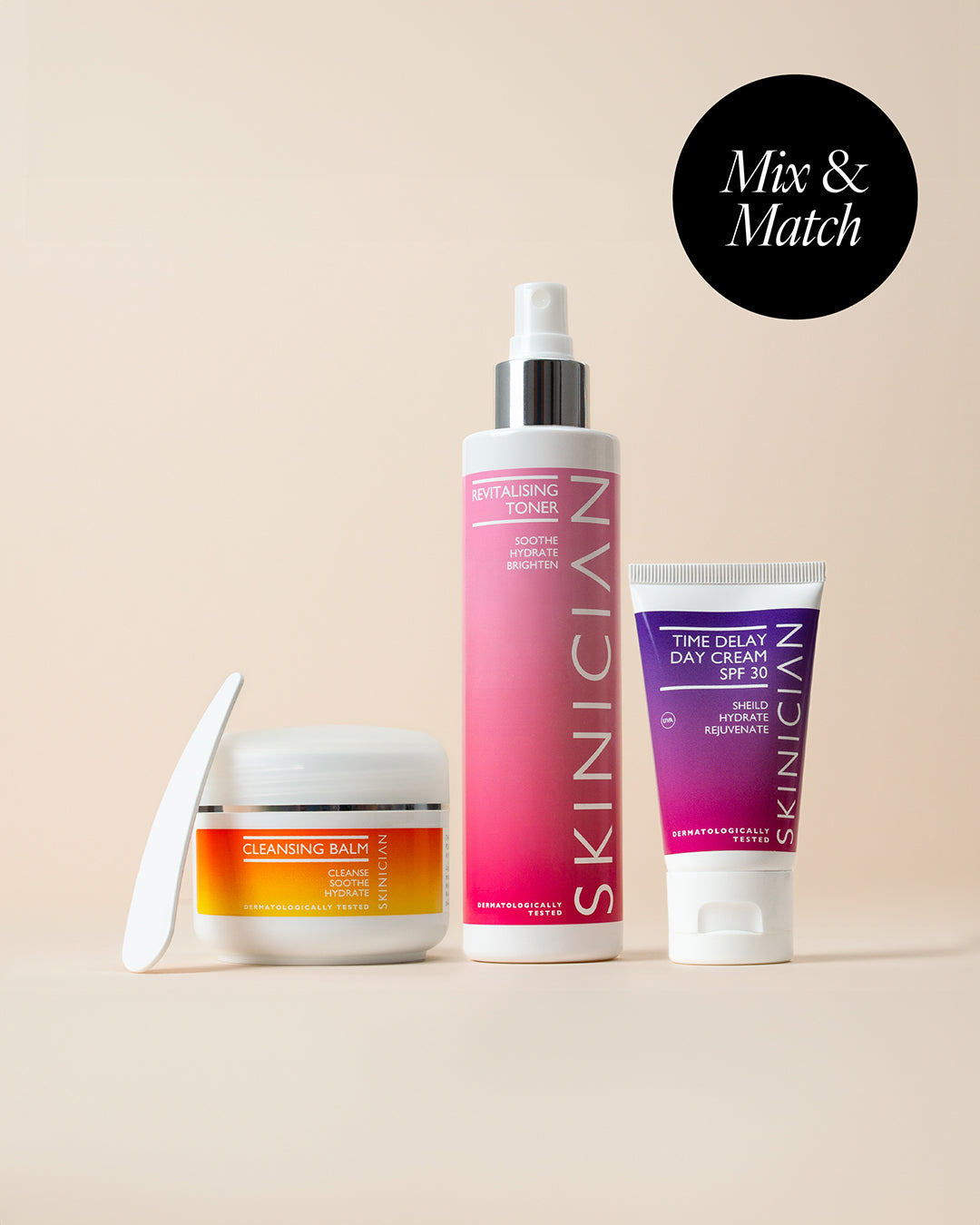 Three skincare products from Skinician on a beige background with 'Mix & Match' text.