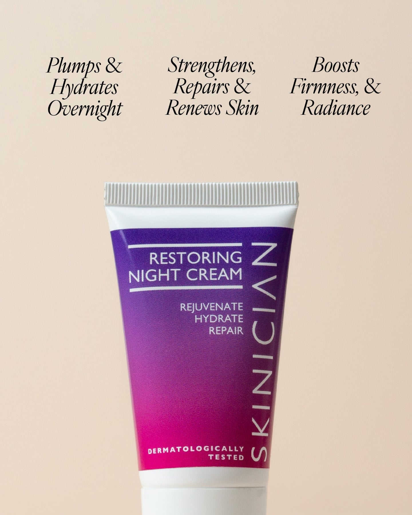 Tube of Skinician Restoring Night Cream with text on a beige background