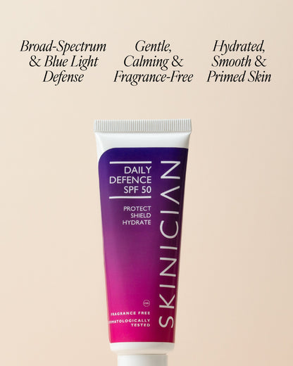 Tube of Skinician Daily Defence SPF 50 on a beige background with text highlighting product benefits.