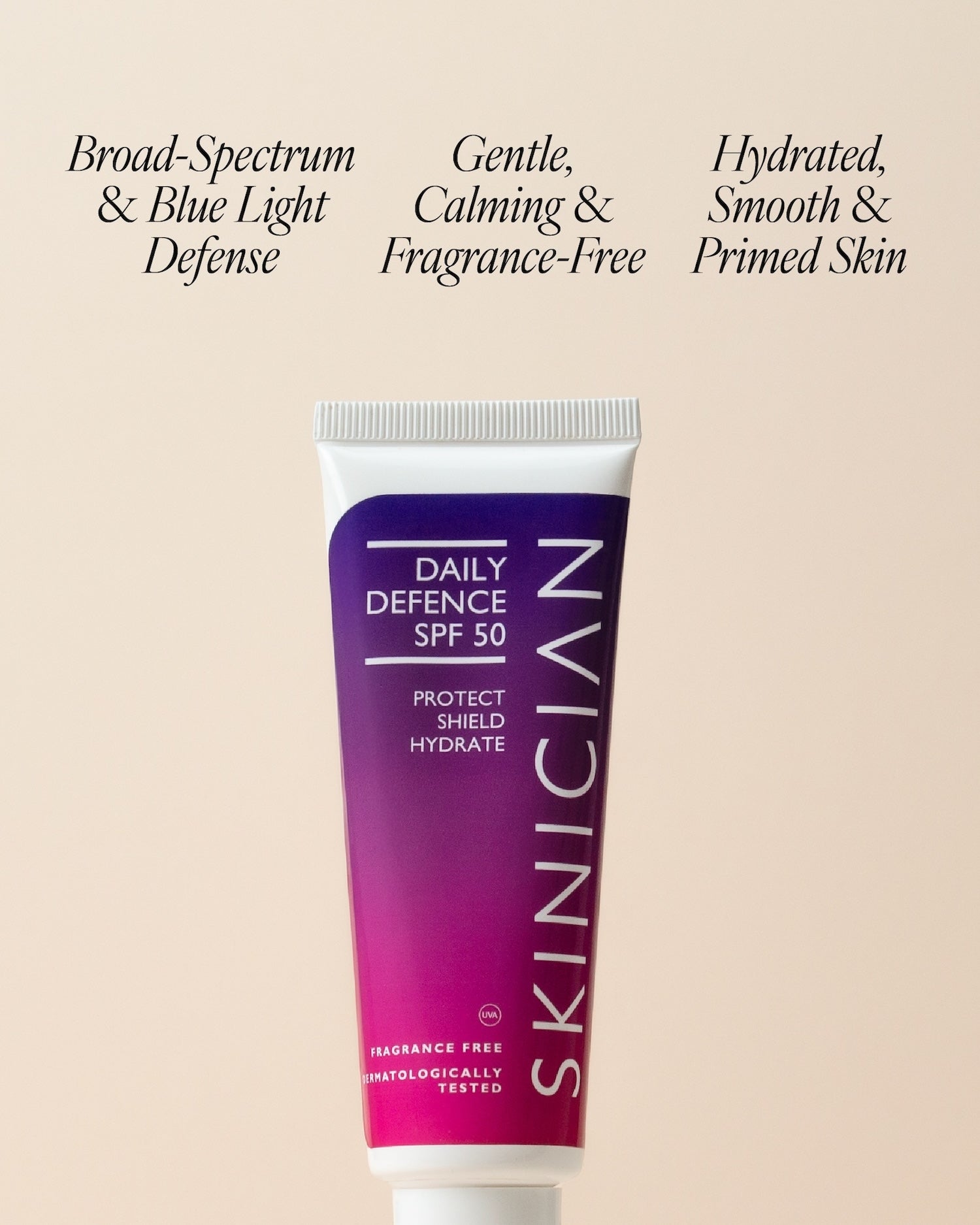 Tube of Skinician Daily Defence SPF 50 on a beige background with text highlighting product benefits.