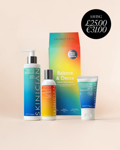 Image of Skinician Balance and Detox set outer box beside the products it contains on a beige background. The image features the text "saving £25 / €31"