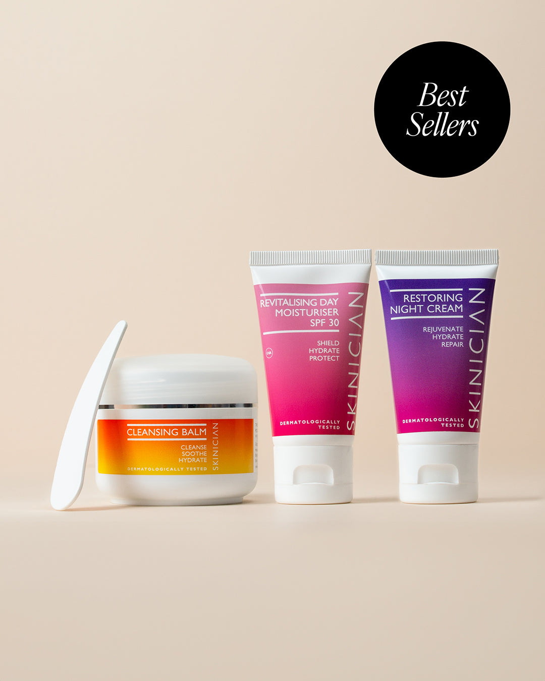Image of Skinician Cleansing Balm, Revitalising Day Moisturiser and Restoring Night Cream on a cream background. The image features a round circle with the text "best sellers"