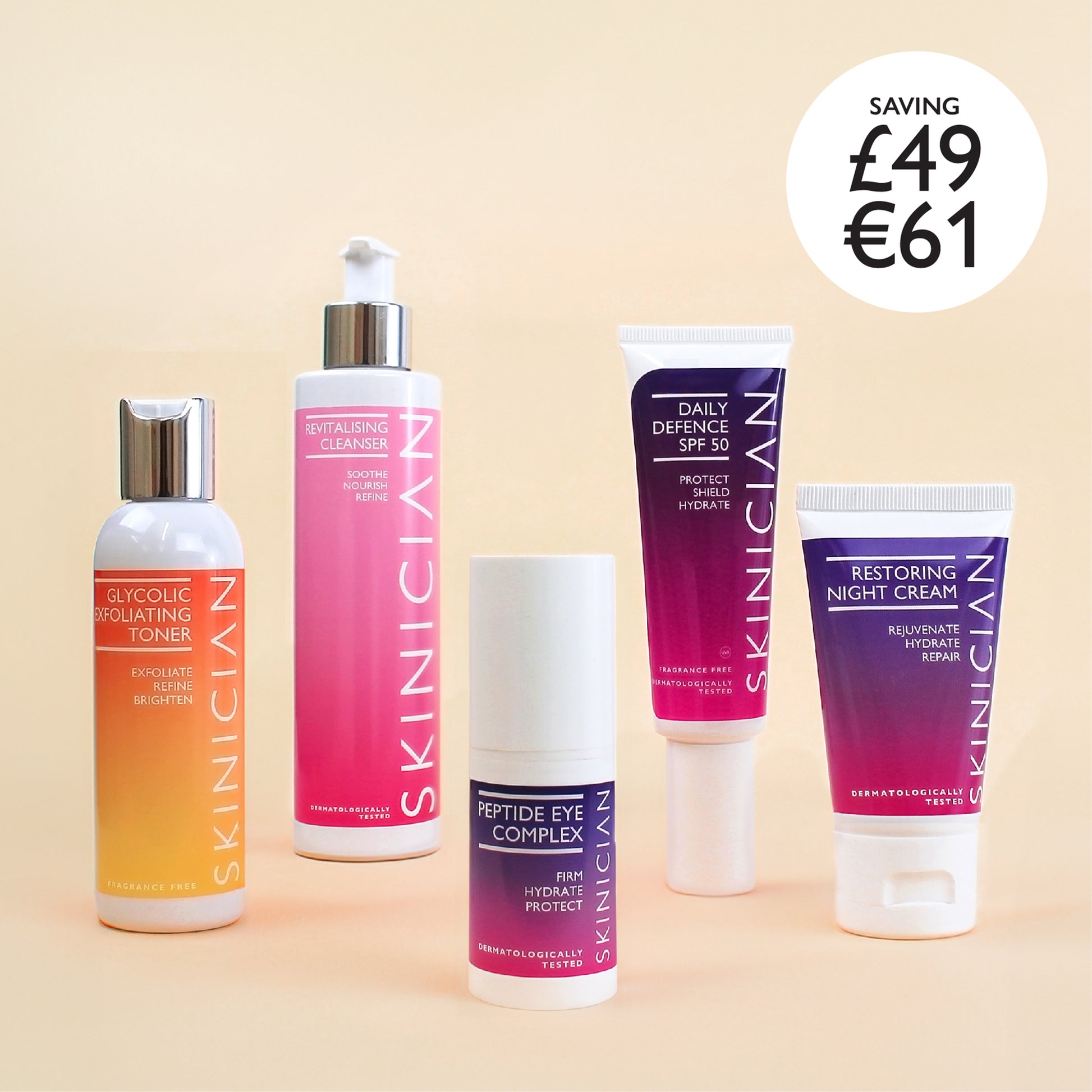 image of SKINICIAN Black Friday Bundle on beige background with "saving £49 / €61" circle in corner