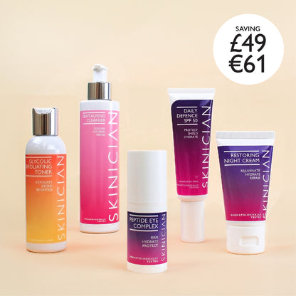 image of SKINICIAN Black Friday Bundle on beige background with "saving £49 / €61" circle in corner