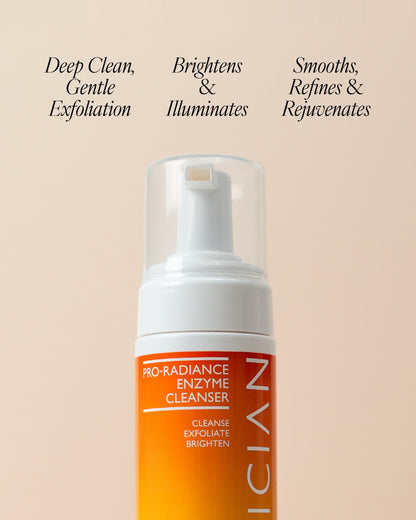 Skinician Pro-Radiance Enzyme Cleanser on beige background with text "deep clean, gentle exfoliation. Brightens & illuminate. Smooths, refines & rejuvenates"